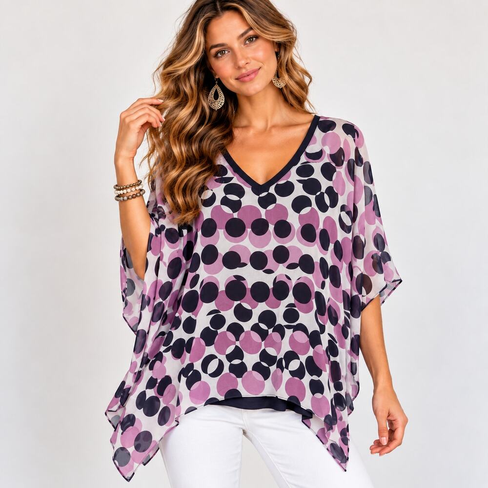 Susan Graver Liquid Knit Blouse Women's Size MP Navy Pink Circles Boho *Flaw